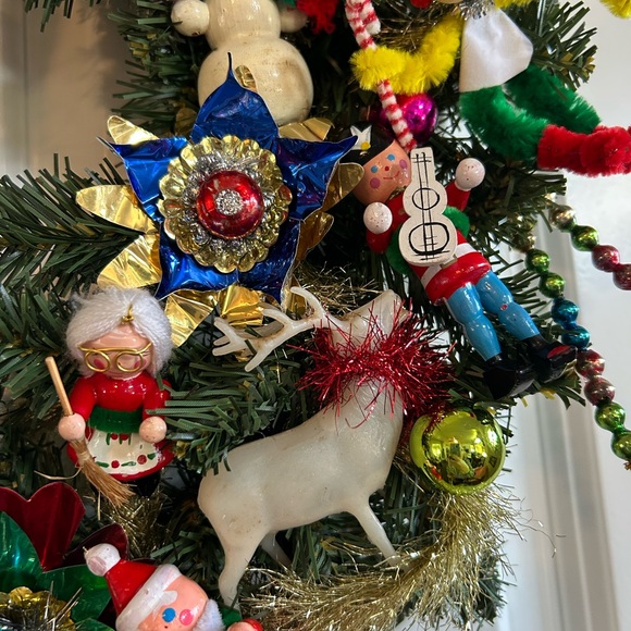 Vintage repurposed Festive Holiday Wreath with Red Bow - Picture 5 of 14